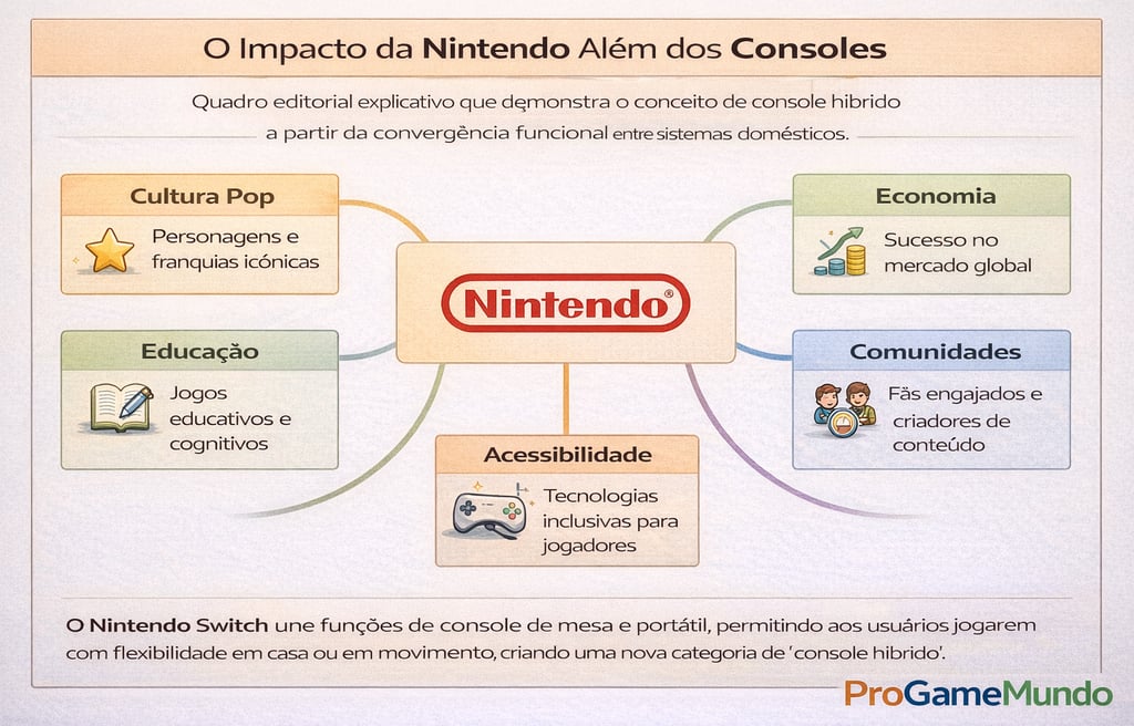 Mapa conceitual mostrando o impacto da Nintendo na cultura, economia, educação e comunidades