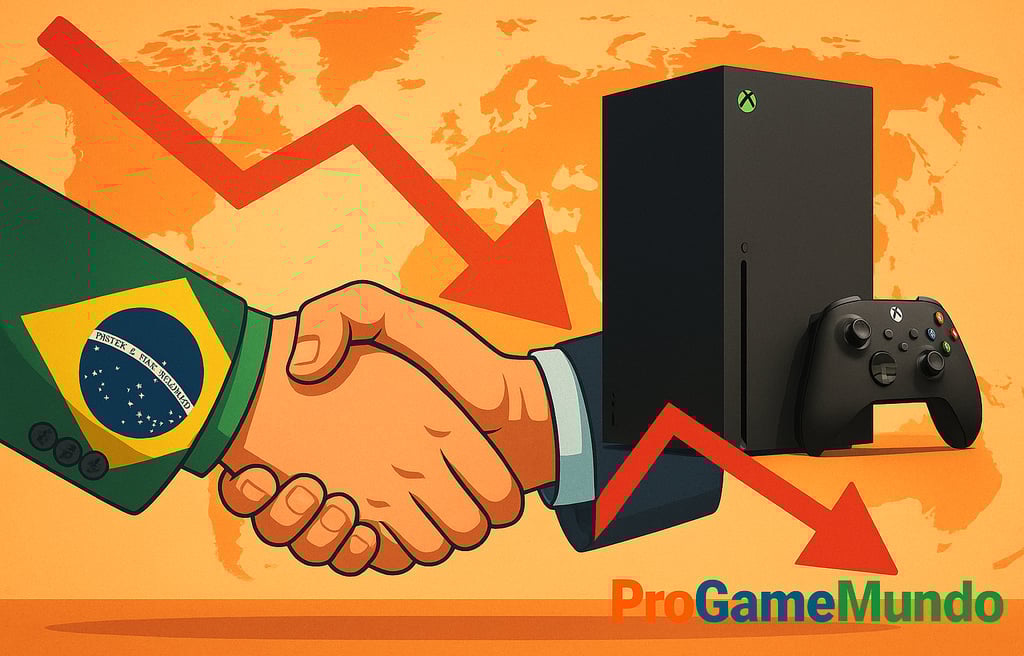 Xbox Series X ao lado de aperto de mãos com bandeira do Brasil e mapa global.