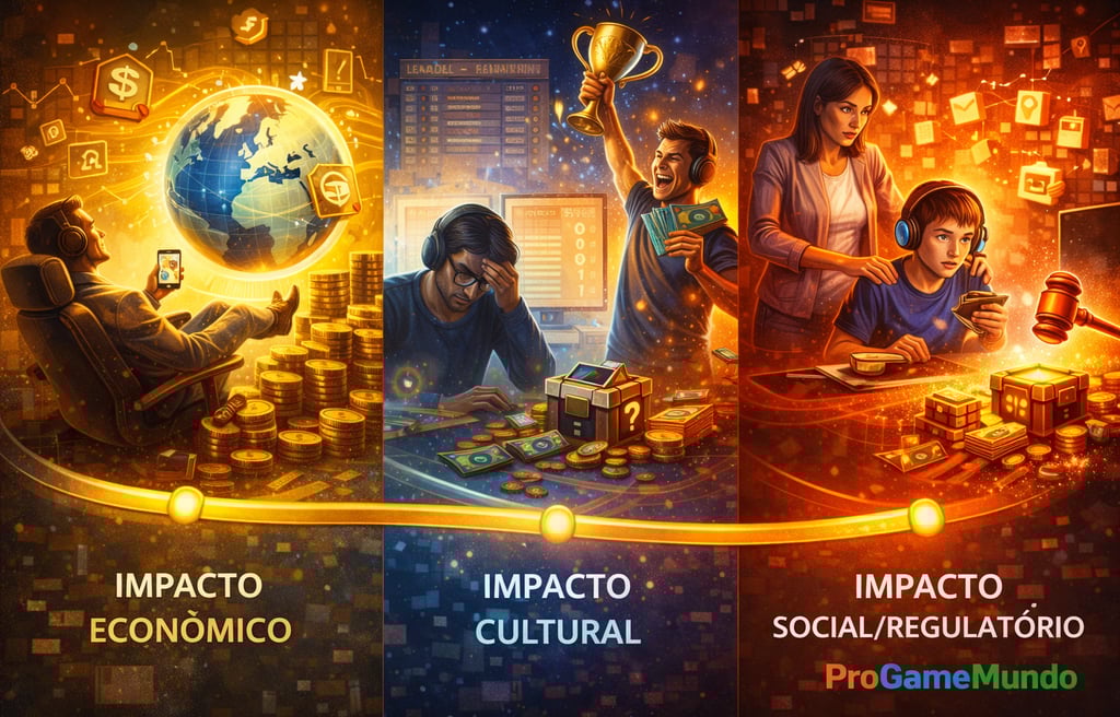 Ilustração mostrando impactos econômicos, culturais e sociais do pay to win nos games online