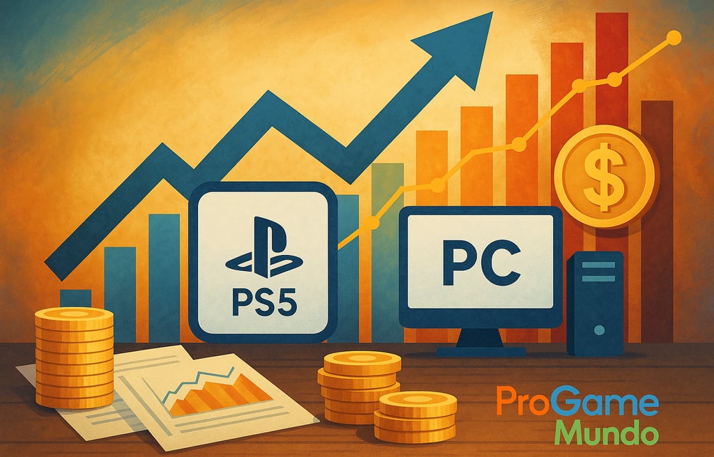 Gráfico com PS5 e PC conectados por seta crescente, representando crescimento econômico do Cross-Buy