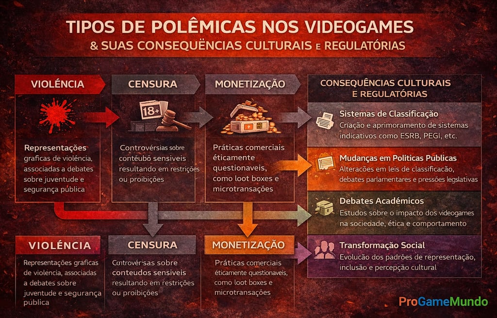 Infográfico mostrando tipos de polêmicas nos games e seus impactos culturais e regulatórios