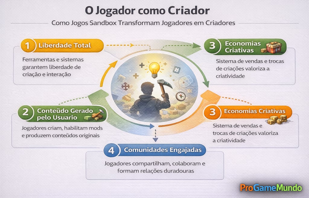 Infográfico mostrando como jogos sandbox transformam jogadores em criadores e fortalecem comunidades