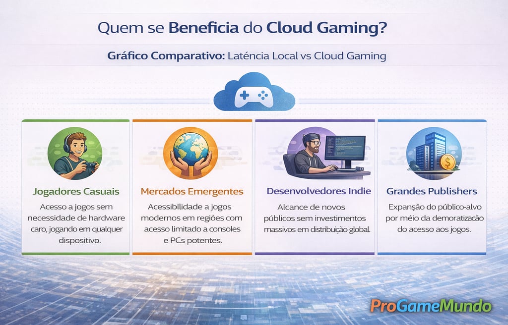 Infográfico mostrando grupos beneficiados pelo cloud gaming, como jogadores, mercados e publishers