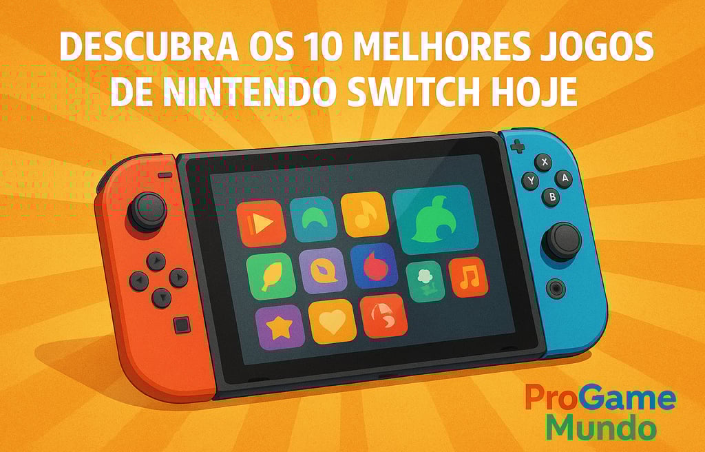 Nintendo Switch estilizado com ícones de jogos sobre fundo amarelo vibrante