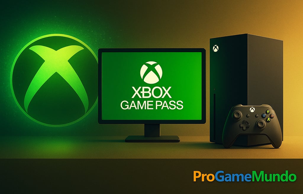 Ilustração horizontal com console Xbox, monitor exibindo Game Pass