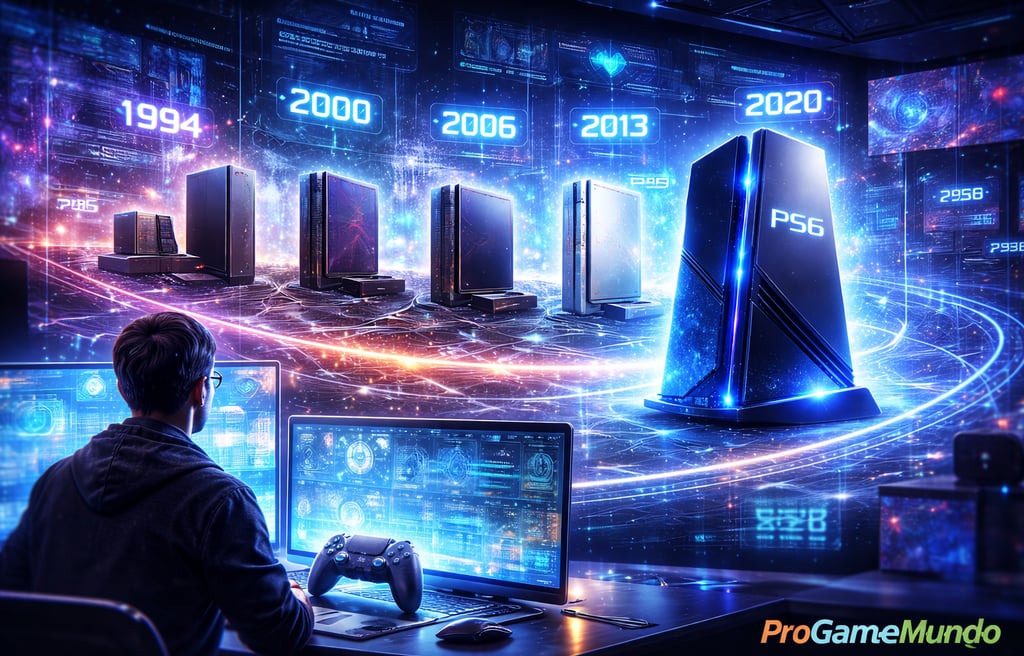 Linha do tempo dos consoles PlayStation culminando em um conceito futurista do PS6