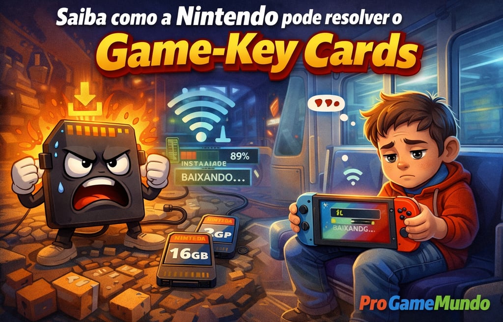Usuário frustrado aguardando download de jogo no Nintendo Switch 2 usando Game-Key Card.