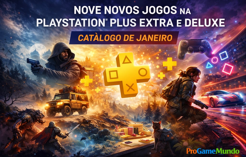 Ilustração conceitual do catálogo PlayStation Plus com múltiplos gêneros de jogos representados