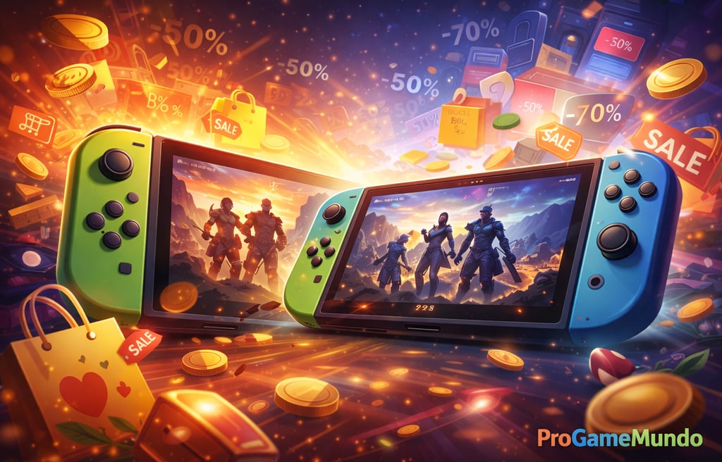 Dois consoles portáteis com moedas e etiquetas de desconto ao redor