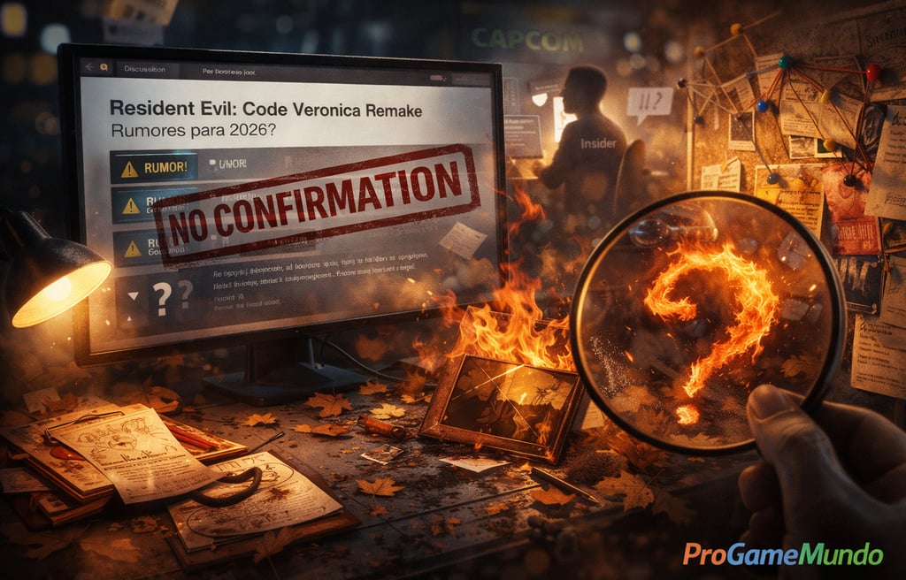 Ilustração mostra jornalistas e documentos simbolizando rumores sobre remake de jogo em 2026.