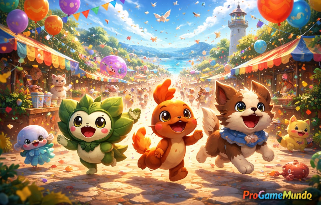 Festival colorido com criaturas fantásticas correndo em cidade costeira festiva.