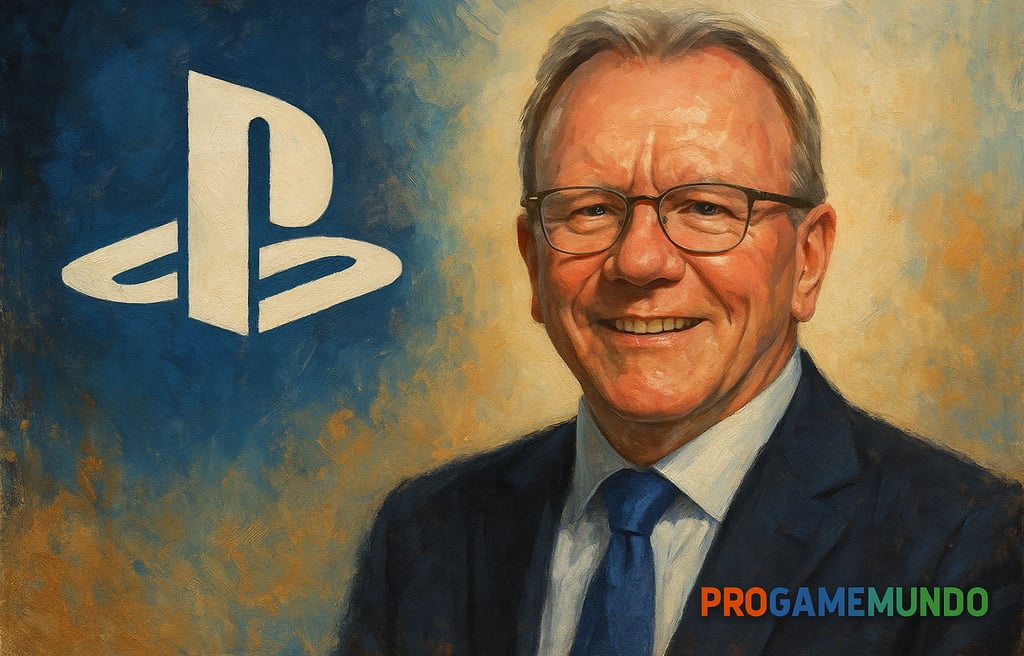 Retrato estilizado de Jim Ryan com logo PlayStation