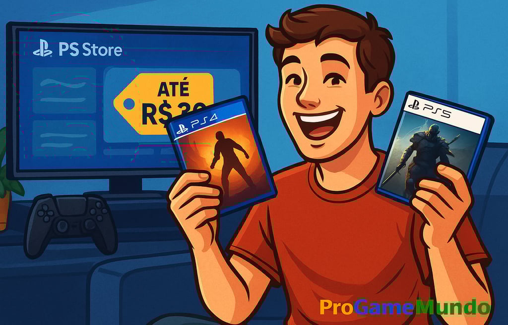 Jovem segura jogos de PS4 e PS5 diante de tela com promoções da PS Store.