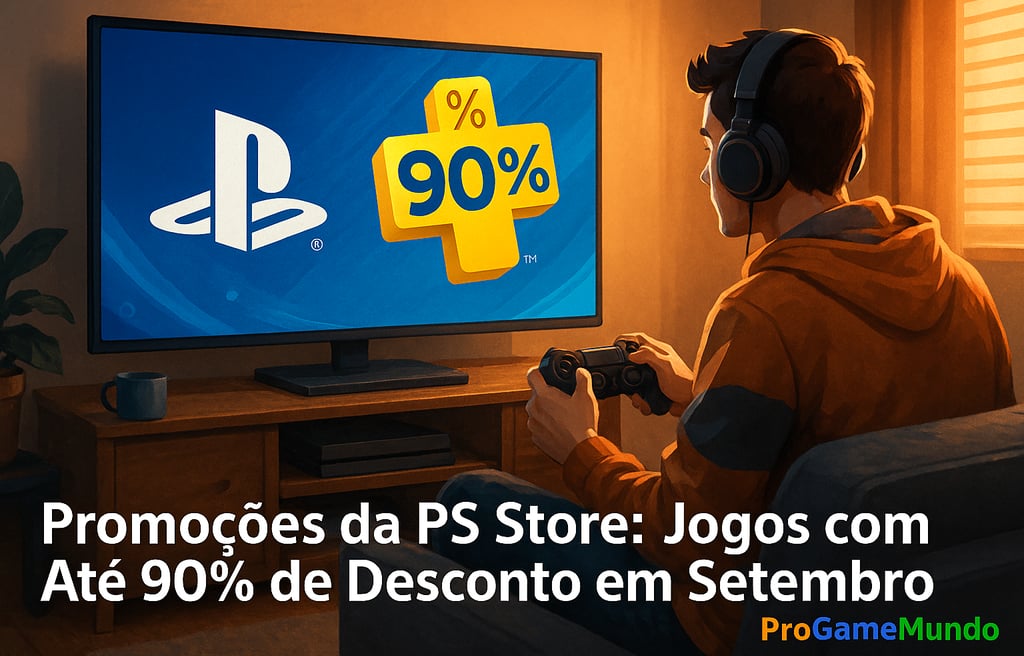Jogador animado com controle observando promoções de até 90% na PS Store.