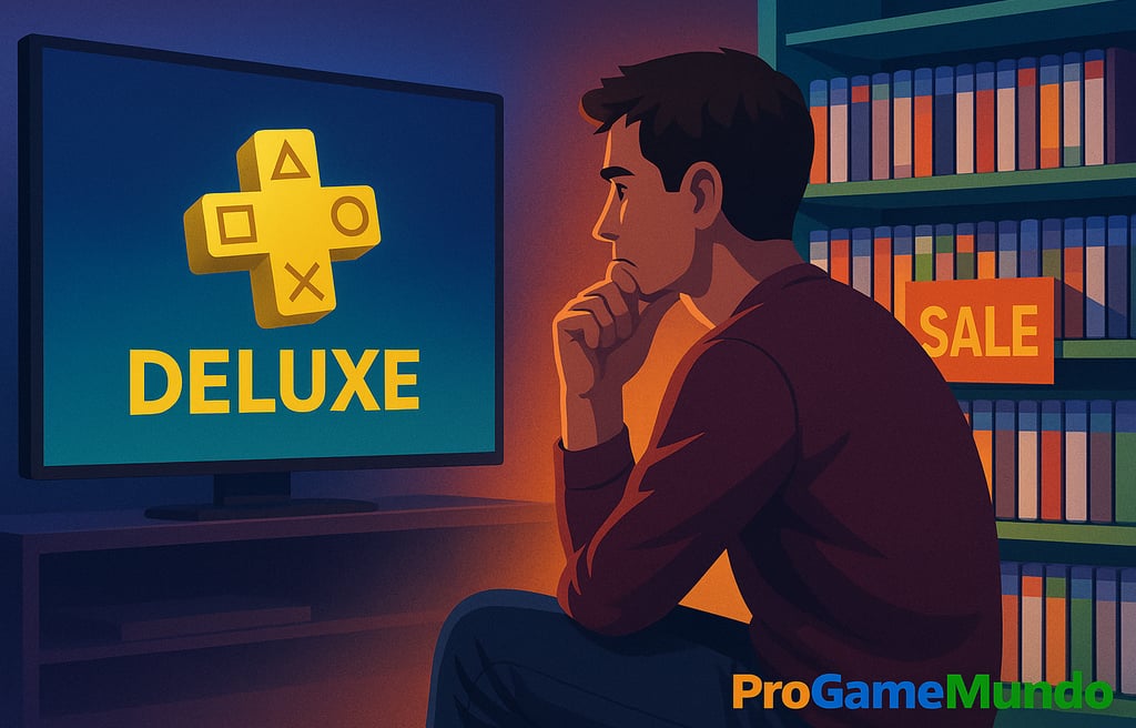 Jogador pensativo diante da TV com logo da PS Plus Deluxe e prateleira de jogos em promoção.