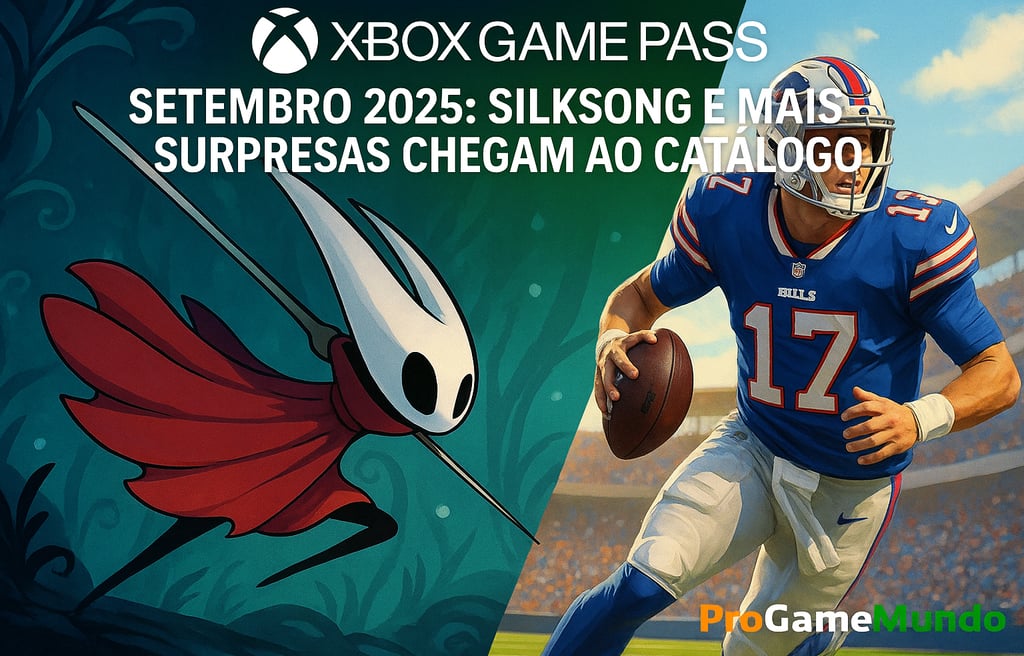 Hornet de Silksong e jogador de futebol americano dividem a cena em contraste visual.