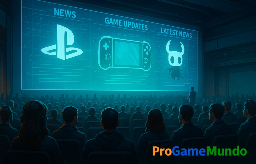 Auditório futurista com telão holográfico exibindo atualizações gamer para o público.