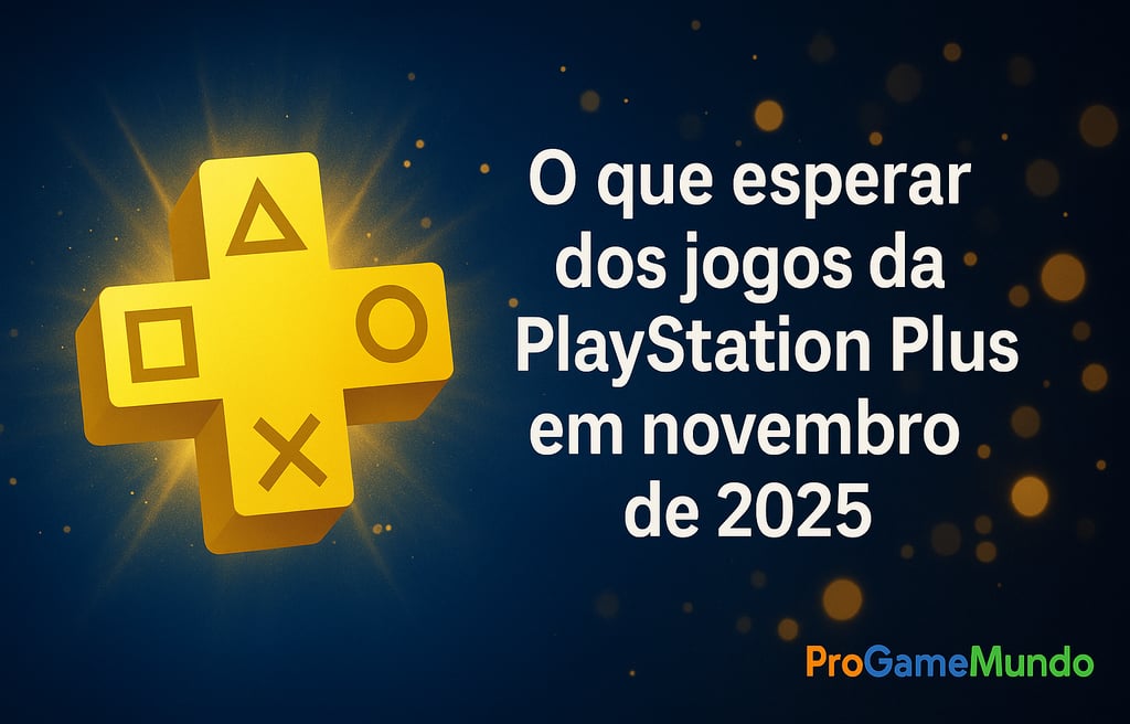símbolo dourado da PS Plus e o título do artigo sobre os jogos de novembro de 2025.