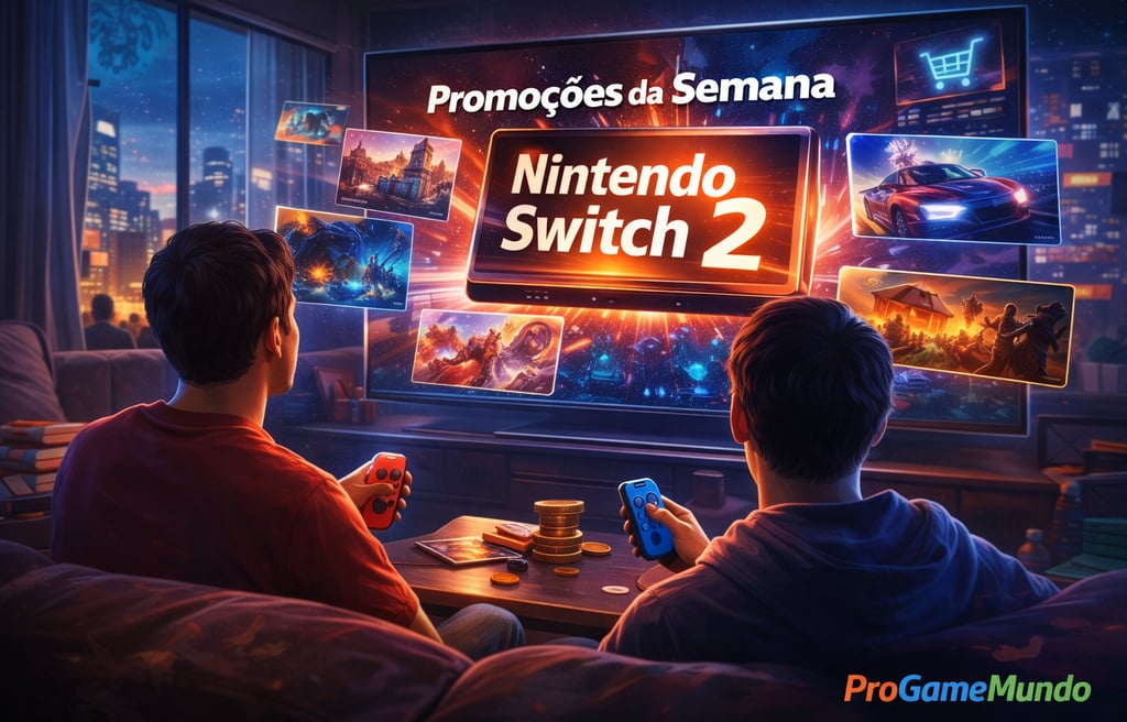 Dois jogadores no sofá diante da TV com Switch 2 e ofertas na tela