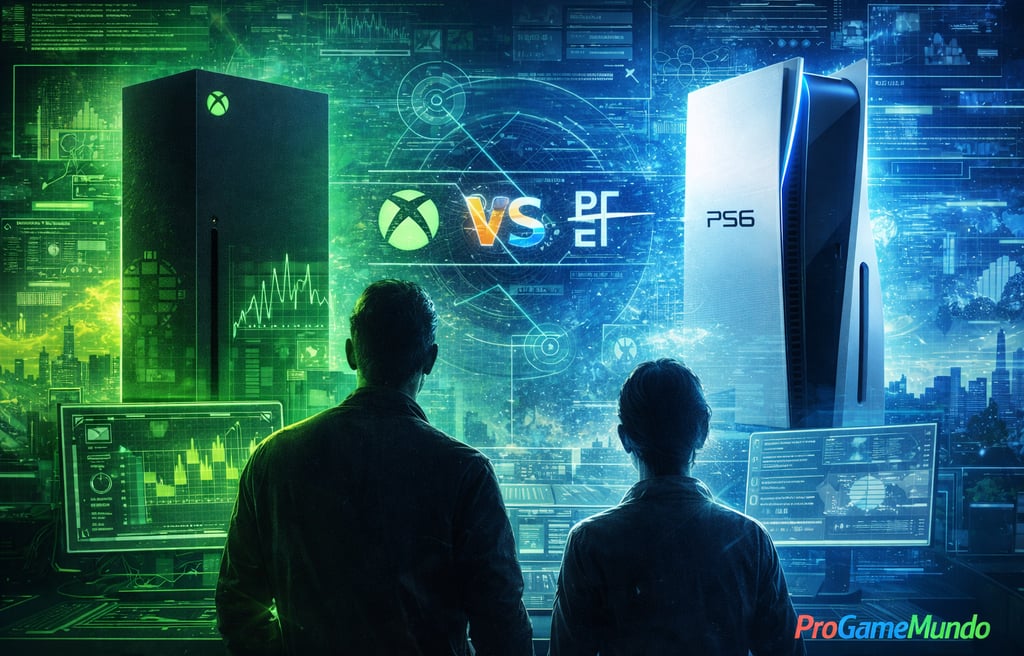 Dois observadores analisam painéis digitais sobre novo Xbox e PS6 em cenário futurista.