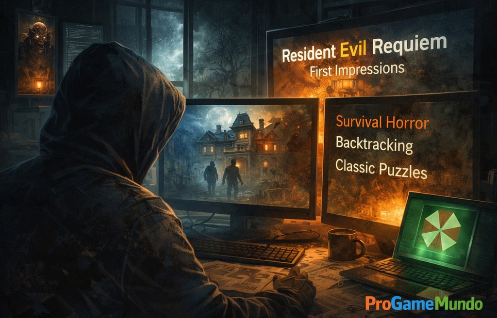Pessoa analisando monitores com tema de survival horror e pistas de Resident Evil Requiem