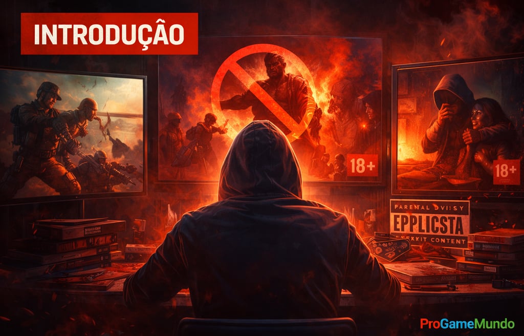 Pessoa observando telas com cenas simbólicas de violência e avisos de censura em videogames