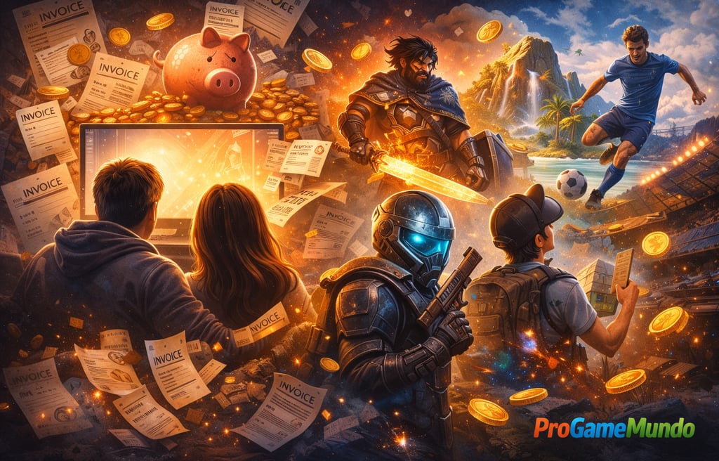 Cena gamer com moedas e contas ao fundo, destacando jogos gratuitos lançados em janeiro