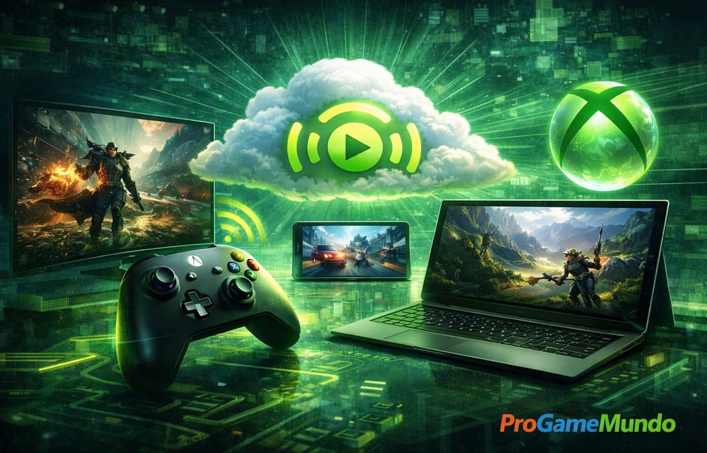Interface do Xbox Cloud Gaming exibida em TV, notebook e celular conectados à nuvem