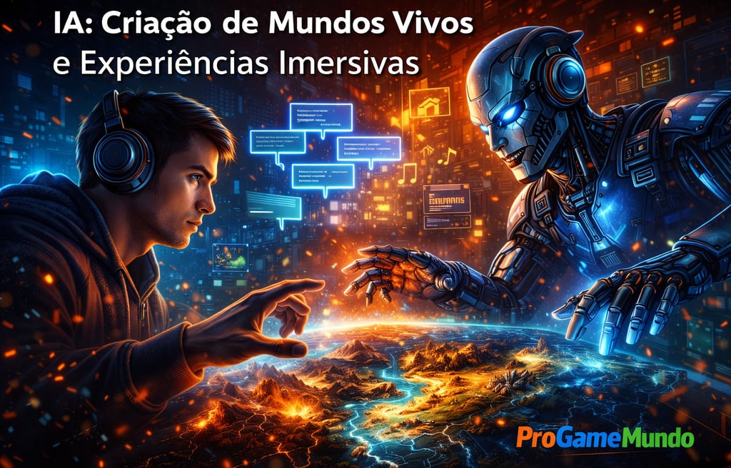 Jogador imerso em ambiente futurista com inteligência artificial e elementos tecnológicos dos games.