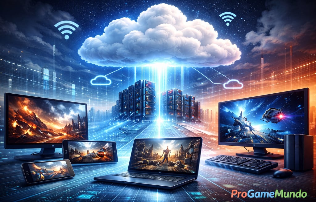 Infraestrutura de cloud gaming conectando servidores remotos a múltiplos dispositivos via streaming
