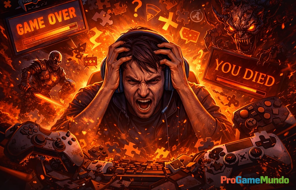Jogador frustrado cercado por símbolos de derrota e desafio em jogos de alta dificuldade