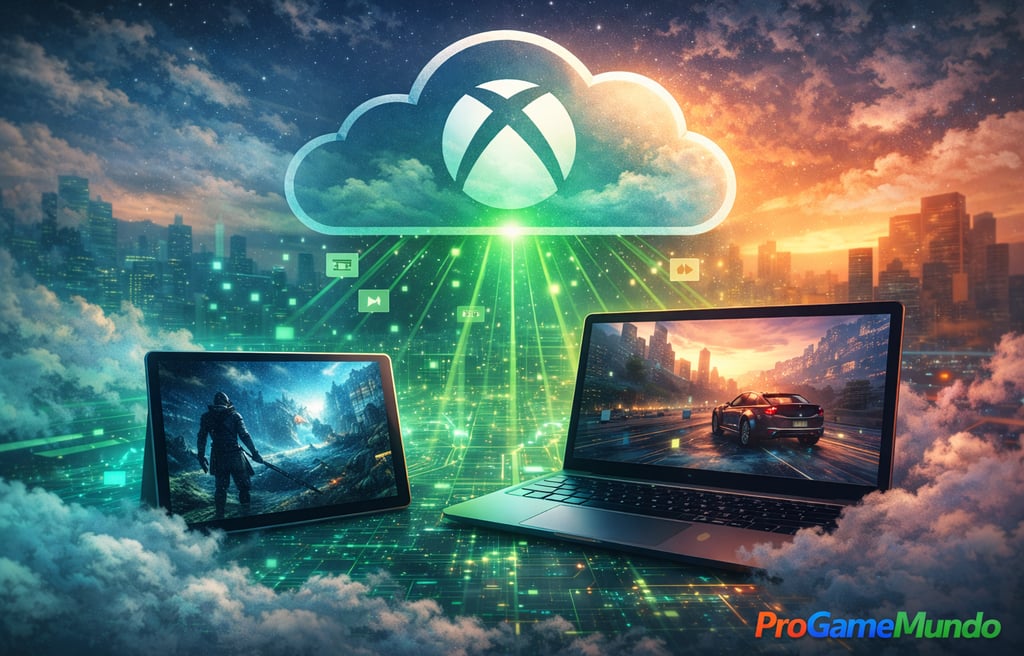 Xbox Cloud Gaming em notebook e tablet com nuvem e feixes de dados ao fundo
