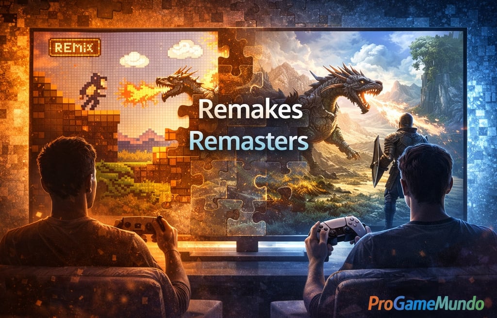 Ilustração comparando jogos clássicos em pixel art com versões modernas em gráficos realistas