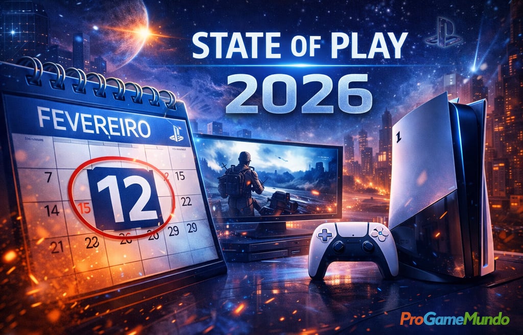 Calendário marcando 12 de fevereiro com console e cenário gamer futurista