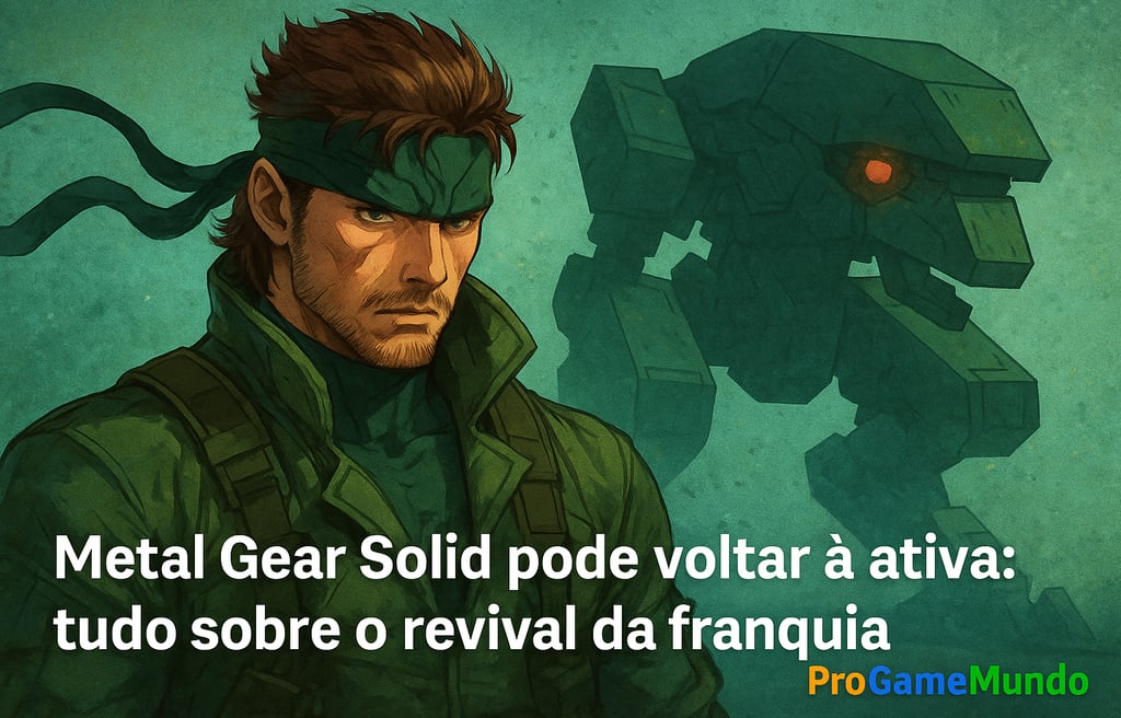 Solid Snake com Metal Gear Rex ao fundo em ilustração nostálgica horizontal.