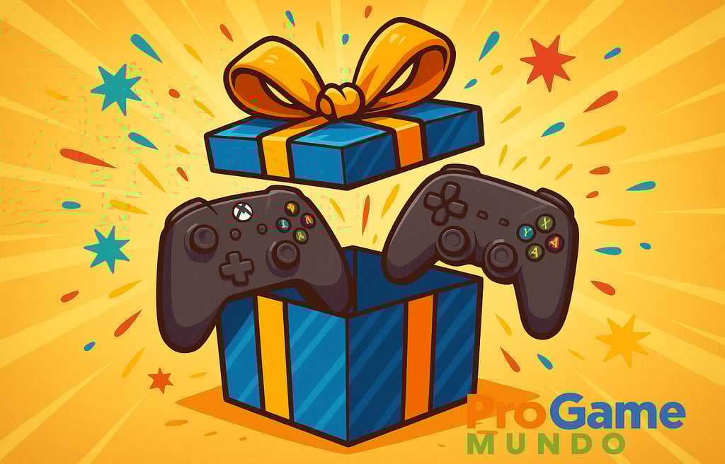 Caixa de presente com controles de PS e Xbox representando promoções de jogos.