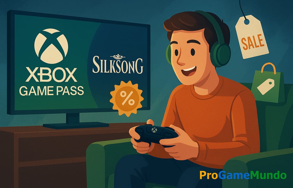 Jogador animado jogando Xbox Game Pass com destaque para Silksong em promoção.