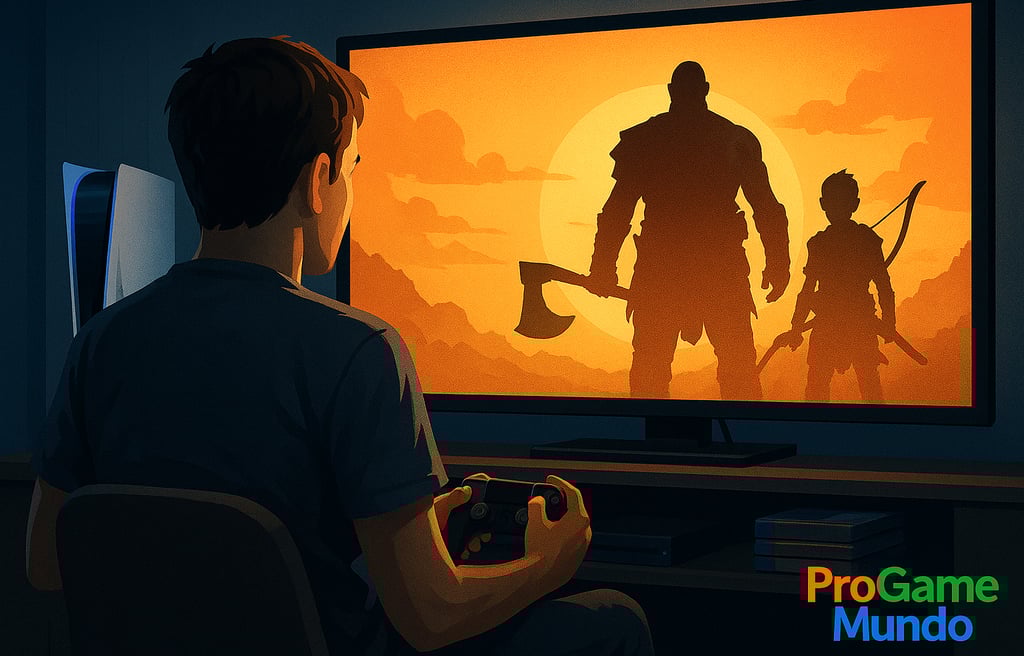 Gamer jogando PS5 com silhuetas de Kratos e Atreus na tela.