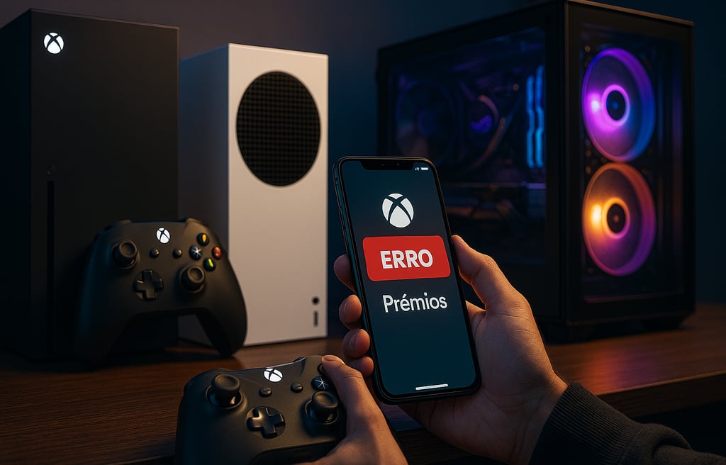 Setup com Xbox Series X|S, PC gamer e celular mostrando erro de prêmios.