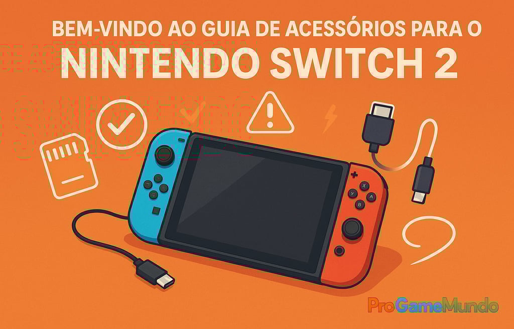 Nintendo Switch 2 com acessórios e ícones de alerta sobre fundo laranja.