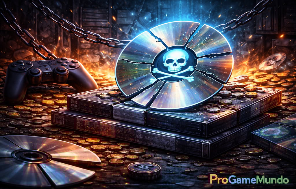 Disco de jogo fragmentado com símbolos digitais representando pirataria e distribuição ilegal