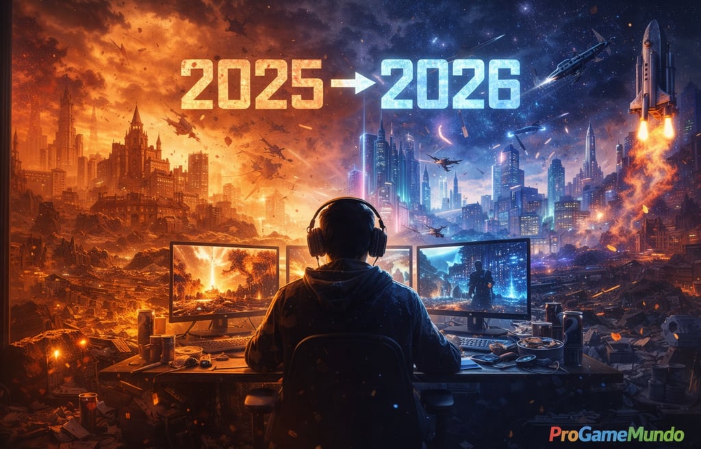 Jogador diante de telas com transição visual entre 2025 e 2026 futurista