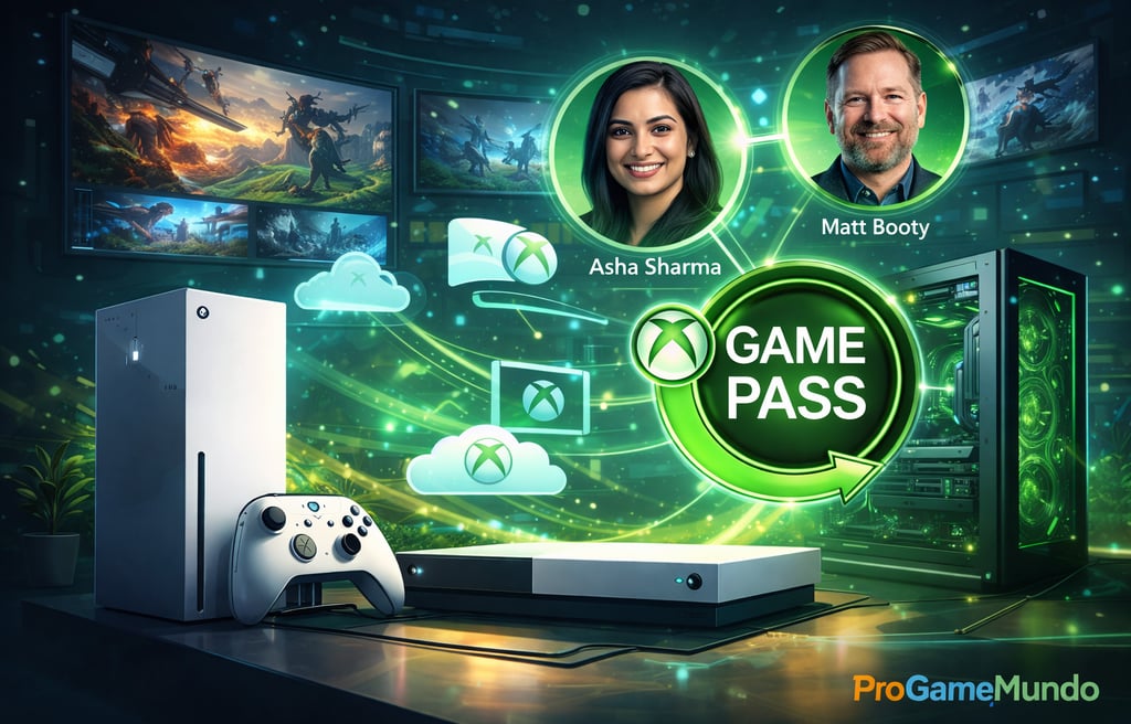Ilustração do ecossistema Xbox com Game Pass, nuvem e integração entre telas.