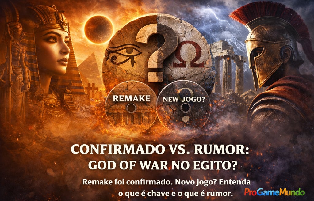 Contraste entre cenário egípcio e ruínas gregas com símbolo de dúvida central