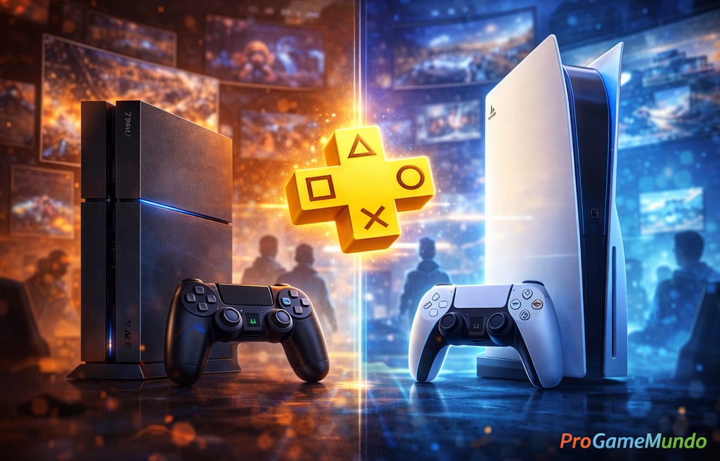 PS4 e PS5 lado a lado com ícone do PS Plus em destaque ao centro