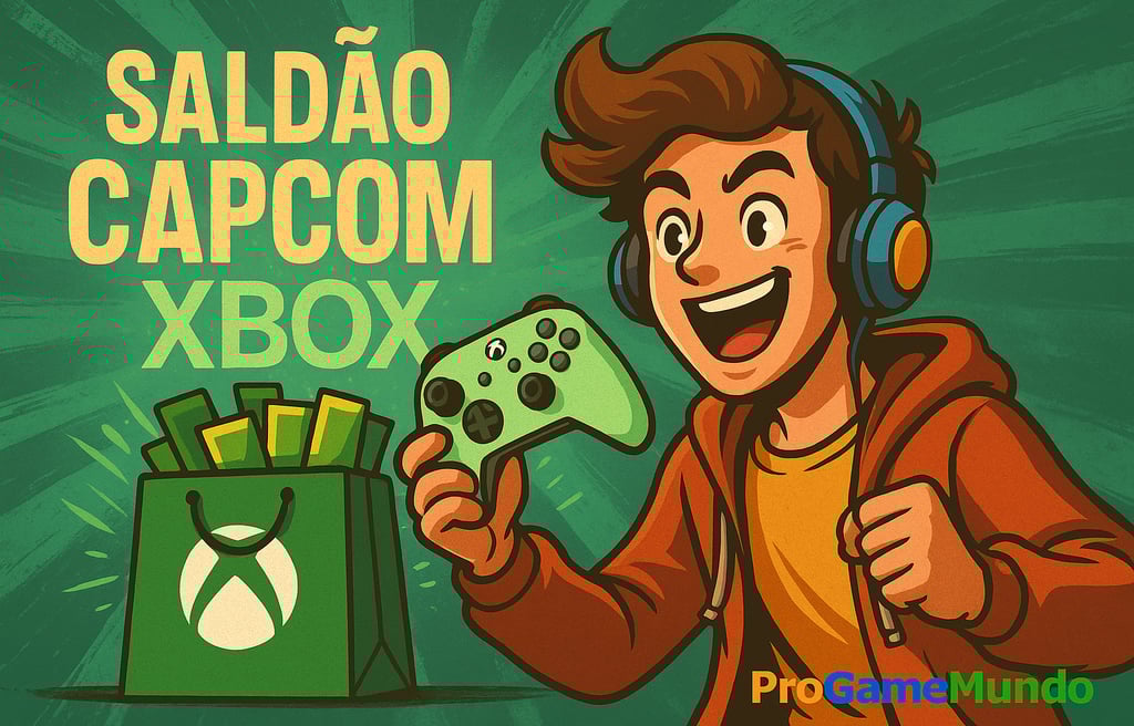 Jovem segurando controle Xbox e sacola de jogos Capcom.