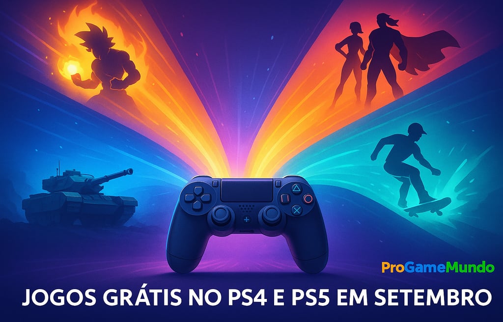mostrando controle do PlayStation cercado por luzes que simbolizam os quatro jogos grátis de setembr