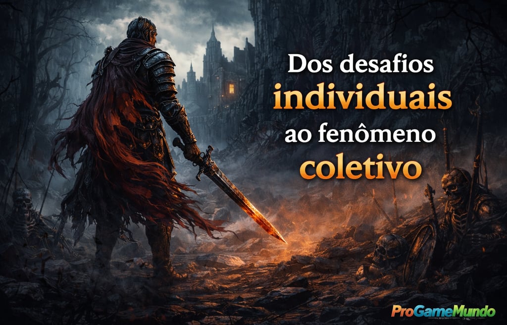 Guerreiro solitário em ruínas sombrias simbolizando o início da jornada em jogos soulslike