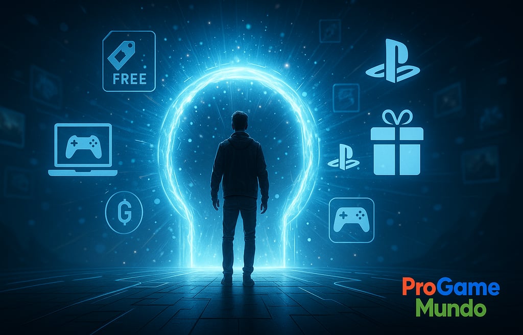 Jogador diante de um portal futurista simbolizando o início da jornada pelos jogos gratuitos.