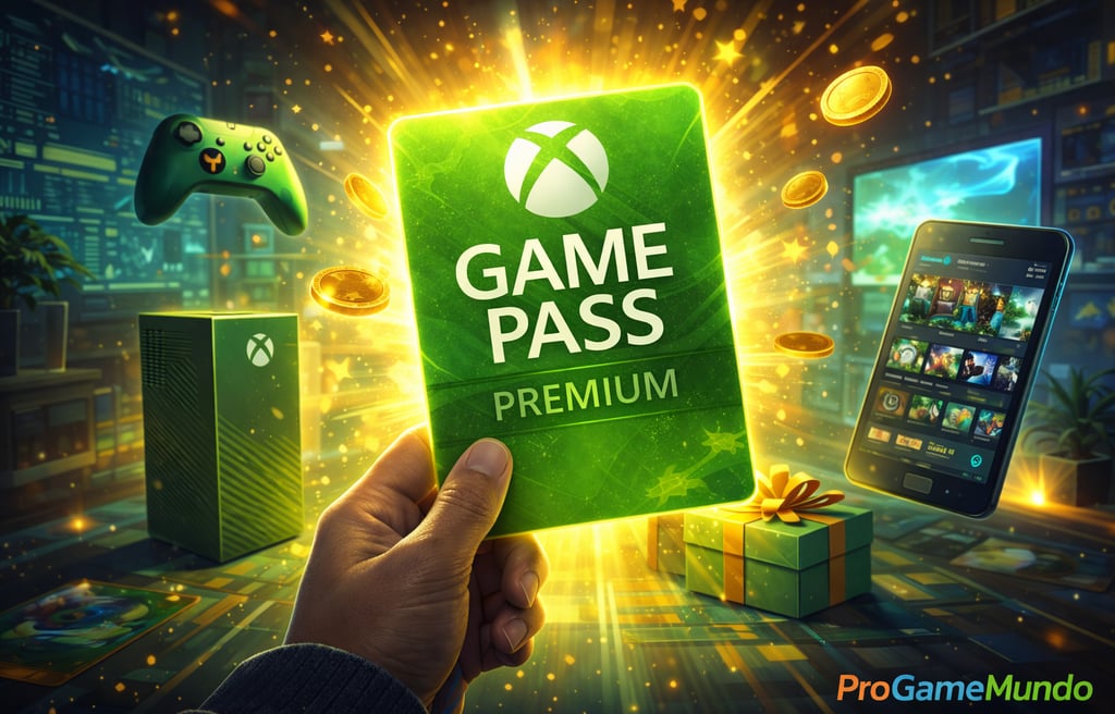 Cartão de Game Pass Premium brilhando com console, controle e celular ao fundo